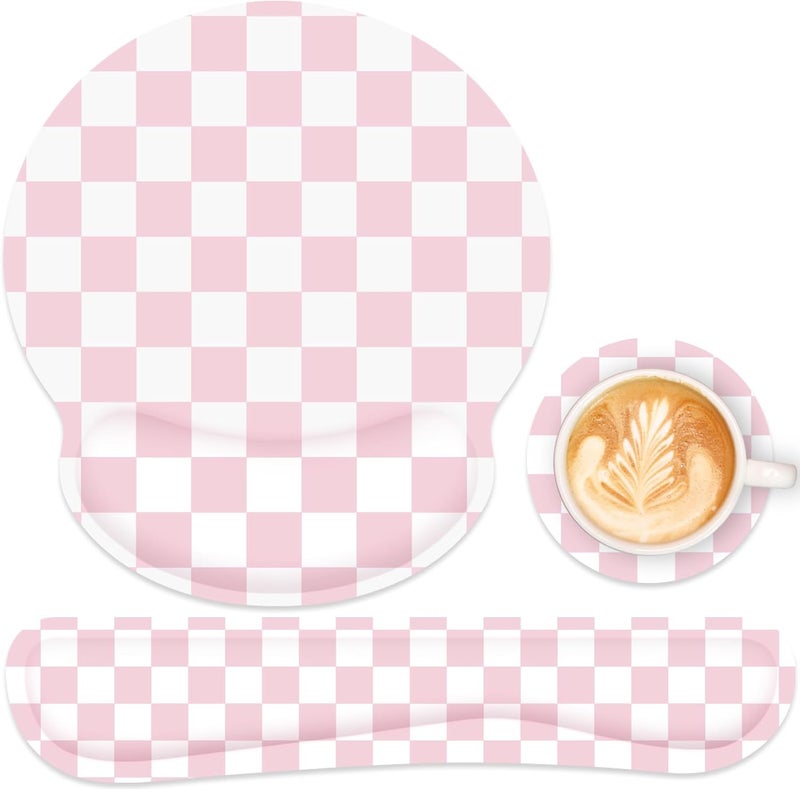 JIGOO Ergonomic Mouse Pad with Wrist Rest and Keyboard Wrist Rest, Mousepad and Wrist Rest for Computer Keyboard, Pain Relief, Non-Slip Base, Mouse Pad with Wrist Support for Gaming, Office, Pink Checkered - Image 1